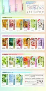 BEARFBAR CRUSH 3.0 disposable vape flavors poster – disposable vape, 15000 puffs, 10ml, Type-C. 21 flavors shown: Jasmine Oolong Tea, Peach Oolong Tea, Thai Lemon Ice Tea, Dark Sparkle, Lime Sparkle, Coconut, Grapefruit Passionfruit, Green Mango Guava, Lychee Lemon Ice, Pineapple Orange Ice, Hawthorn Berry Ice, Taro Ice Cream, Green Grape, Jewel Melon, Crisp Apple, Soul Watermelon, Iced Bayberry, Mung Bean Popsicle, SS Mint Freeze, Frigid Crushed Ice, VC Lime Ice.