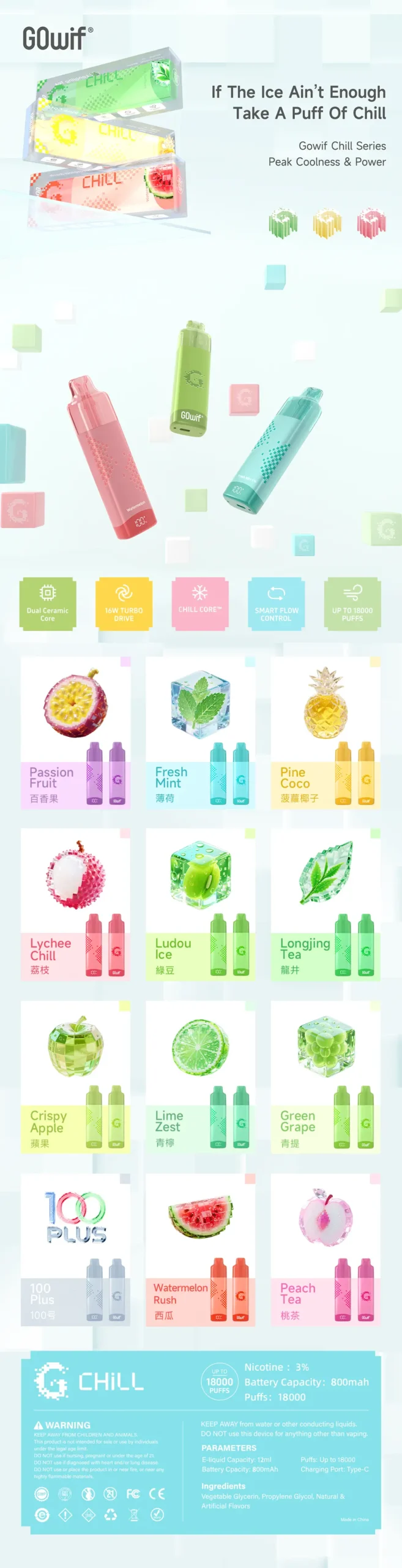 GOWIF Chill Series disposable vape: 18,000 puffs, 12ml, 800mAh, dual ceramic core, smart flow control; flavors—Passion Fruit, Fresh Mint, Pine Coco, 100 Plus, Lychee Chill, Ludou Ice, Longjing Tea, Watermelon Rush, Crispy Apple, Lime Zest, Green Grape, Peach Tea (18+)