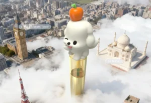 Bearfbar mascot on a gold disposable vape floating above clouds with Big Ben and the Taj Mahal in view; playful world-tour concept